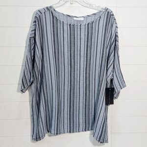 NEW! Bryn Walker Women's Large Striped Flight Cotton Gauze Top Blue Lagenlook